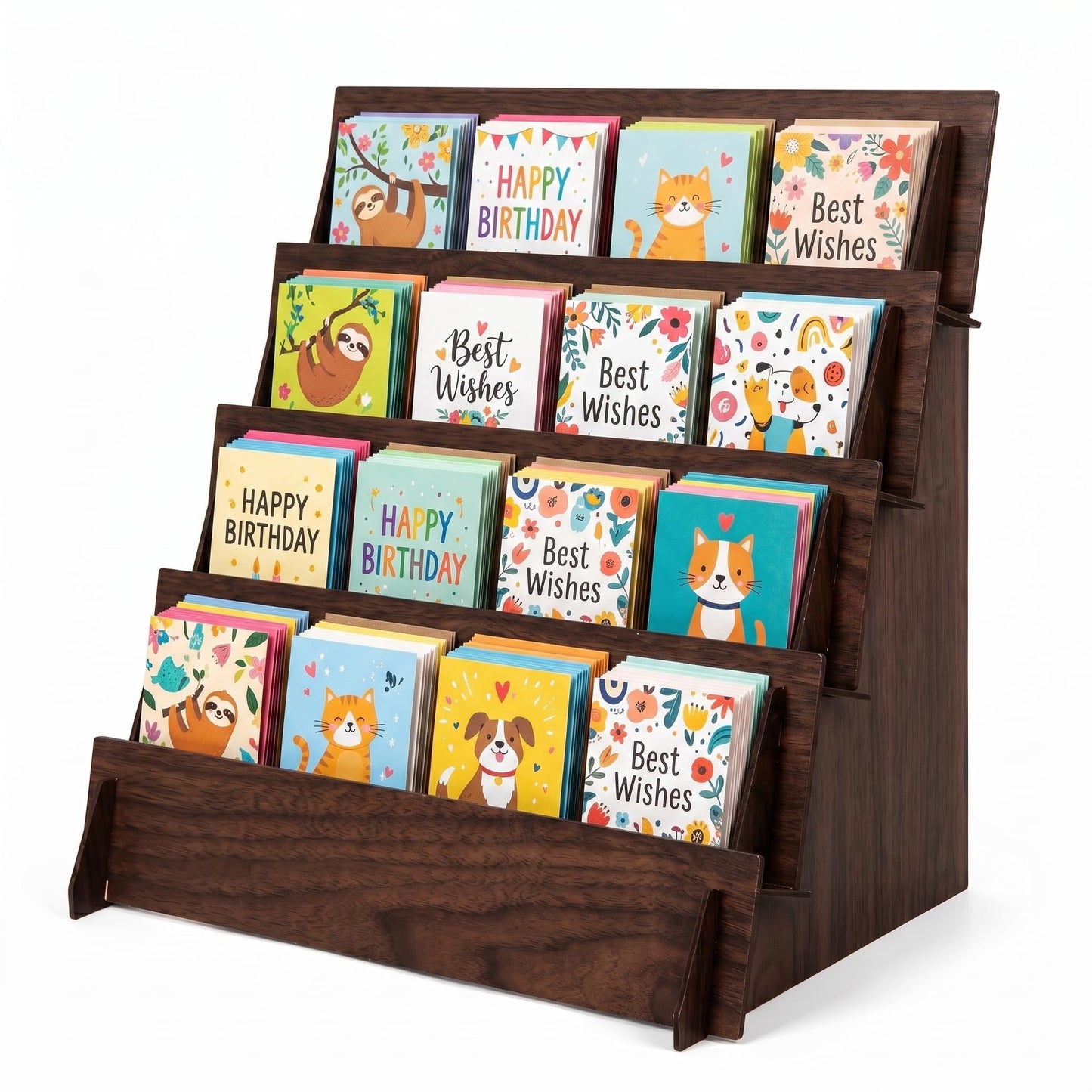 Hirokawa 4-Tier Wooden Greeting Card Display Stand, Card Rack for Stickers, Postcards, Photos, Stationery, Small Products, Home Office Decor & Organizer, Lightweight for Vendor Booths, Craft Fairs