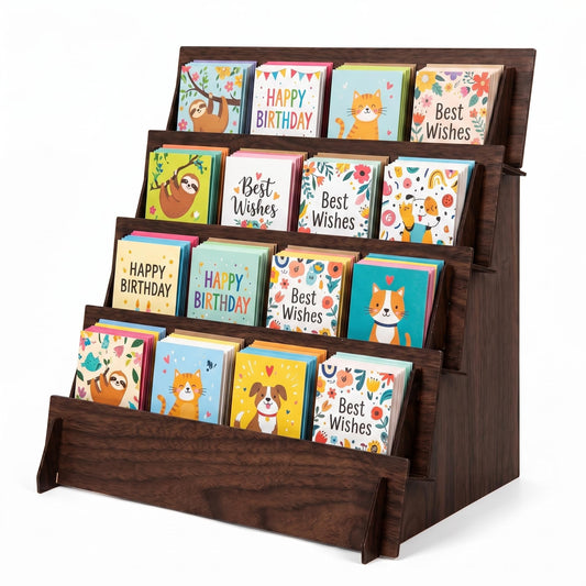Hirokawa 4-Tier Wooden Greeting Card Display Stand, Card Rack for Stickers, Postcards, Photos, Stationery, Small Products, Home Office Decor & Organizer, Lightweight for Vendor Booths, Craft Fairs
