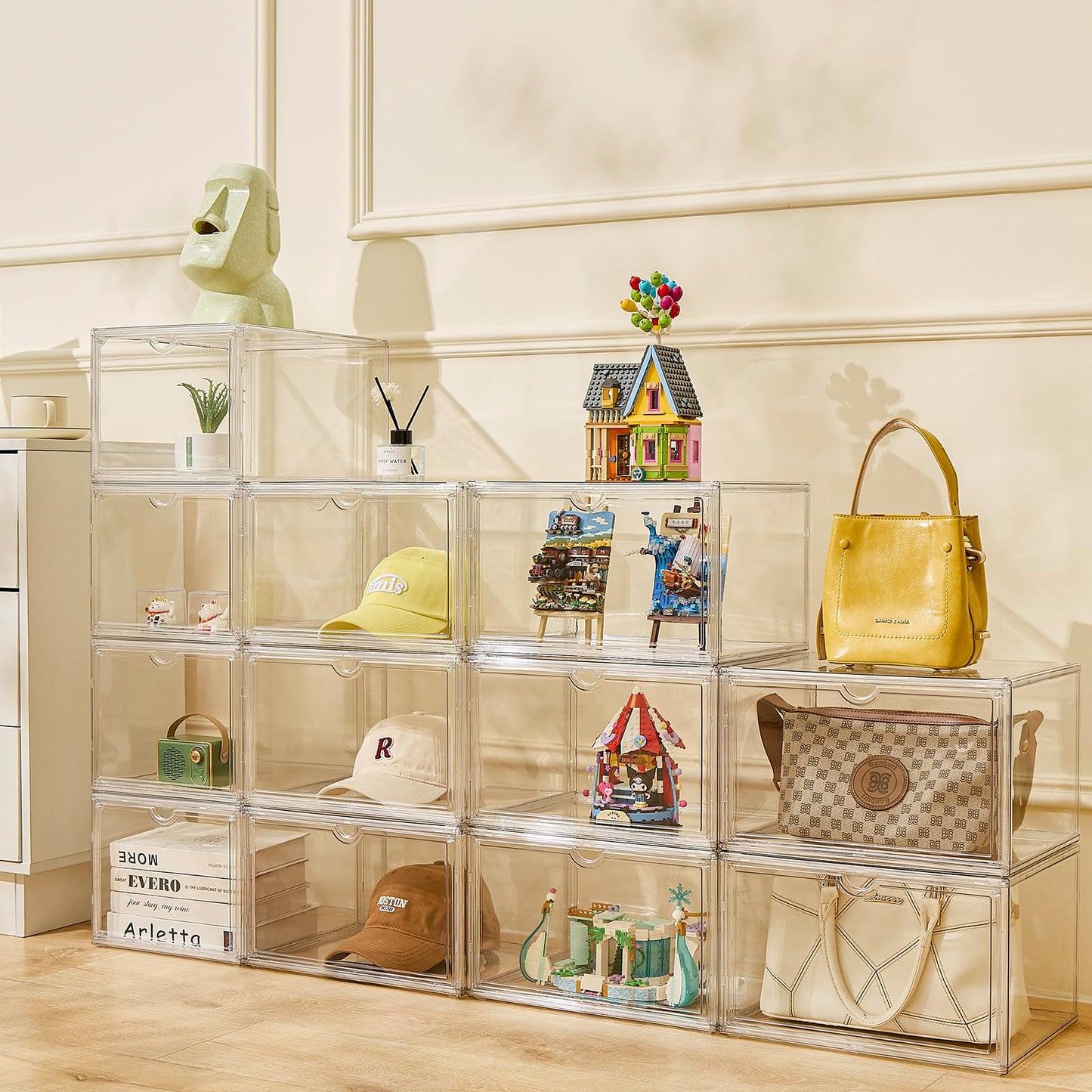 Sewup Acrylic Display Cases for Collectibles - Stackable Plastic Storage Shoe Boxes - Magnetic Lid, Figure Organizer