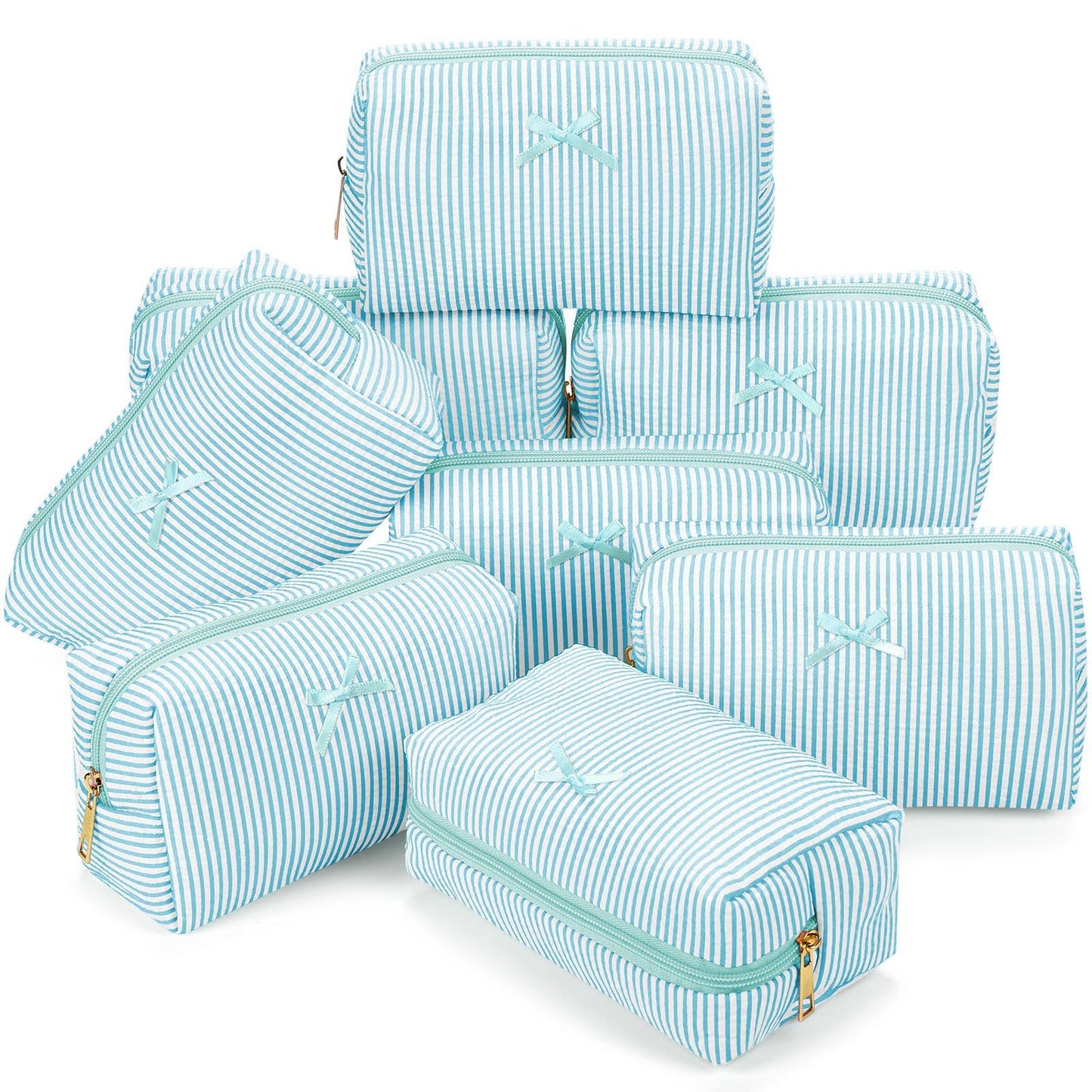 Sanwuta 8 Pcs Cozy Seersucker Cosmetic Bag Blue Stripe Makeup Bag Aesthetic Travel Zipper Cosmetic Pouch Large Cute Preppy Pouch for Spa Sleepover Birthday Party Galentines Day Bridesmaid Gift