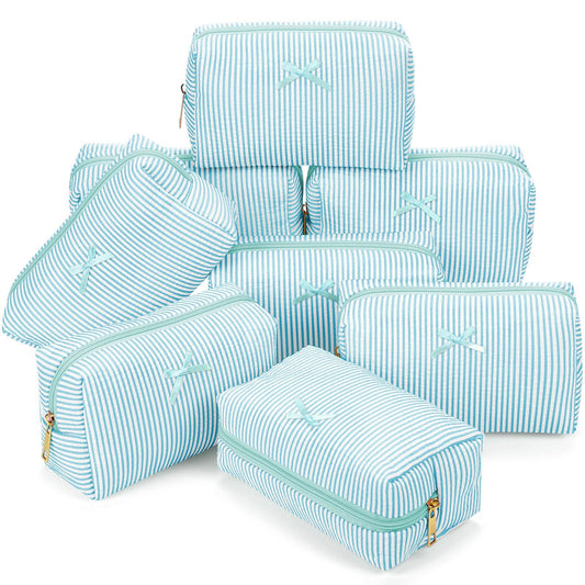 Sanwuta 8 Pcs Cozy Seersucker Cosmetic Bag Blue Stripe Makeup Bag Aesthetic Travel Zipper Cosmetic Pouch Large Cute Preppy Pouch for Spa Sleepover Birthday Party Galentines Day Bridesmaid Gift
