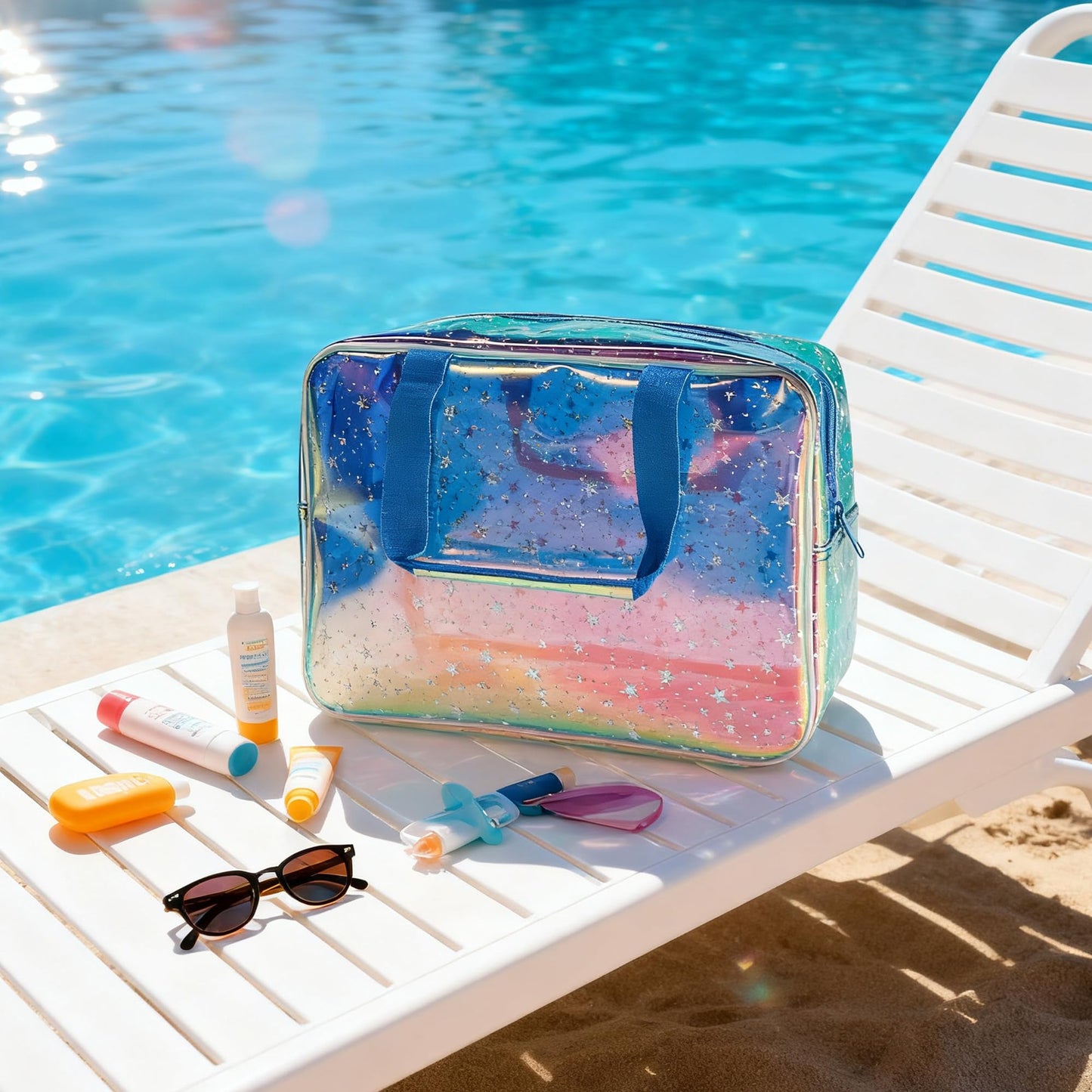 TotePrint Holographic Blue Clear Star Large Cosmetic Bag and TPU Travel Pouch with Handle,Durable Material,Zipper Design-Ideal for Makeup,Travel Essentials (Holographic Blue+Star)