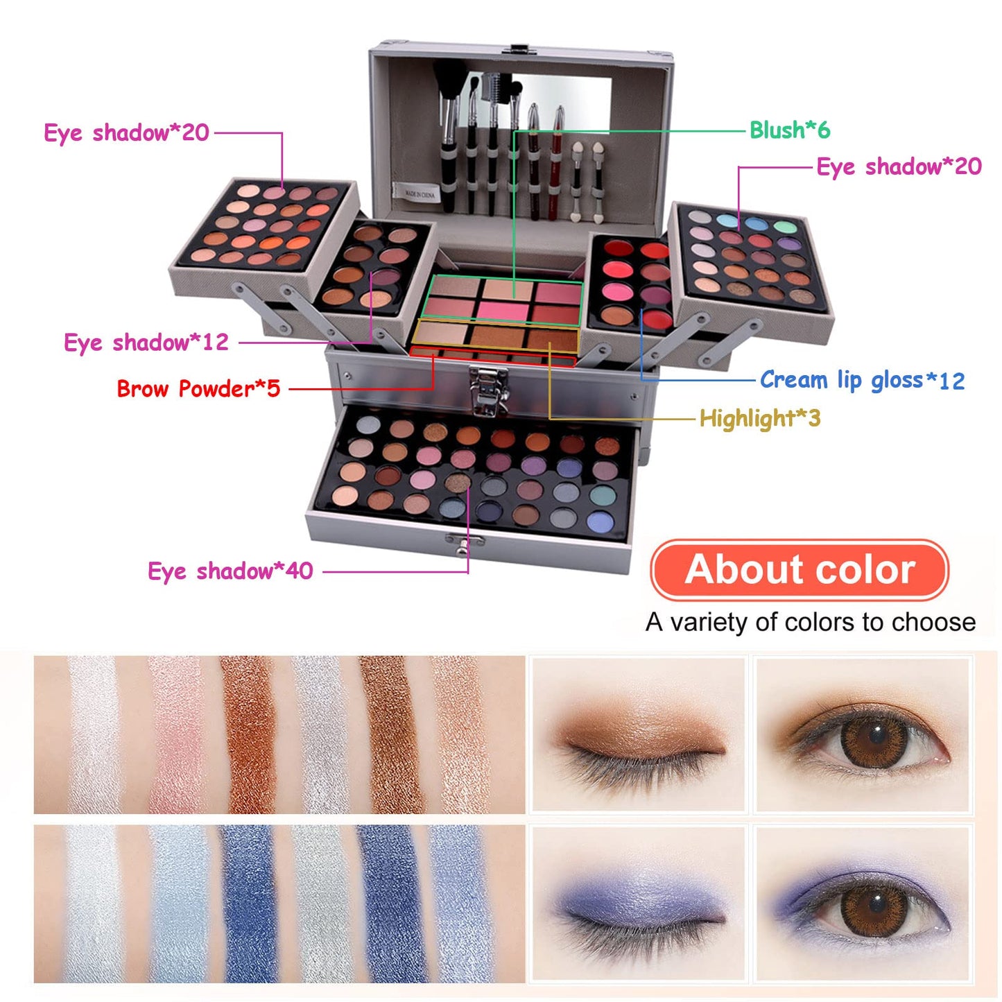 JasCherry All-in-One Make-up Box Set Multi-purpose Cosmetic Storage Beauty Case Professional Contain Eyeshadow Blusher Lip Gloss Cream Brow Powder Highlight and Makeup Pencil Brush #1
