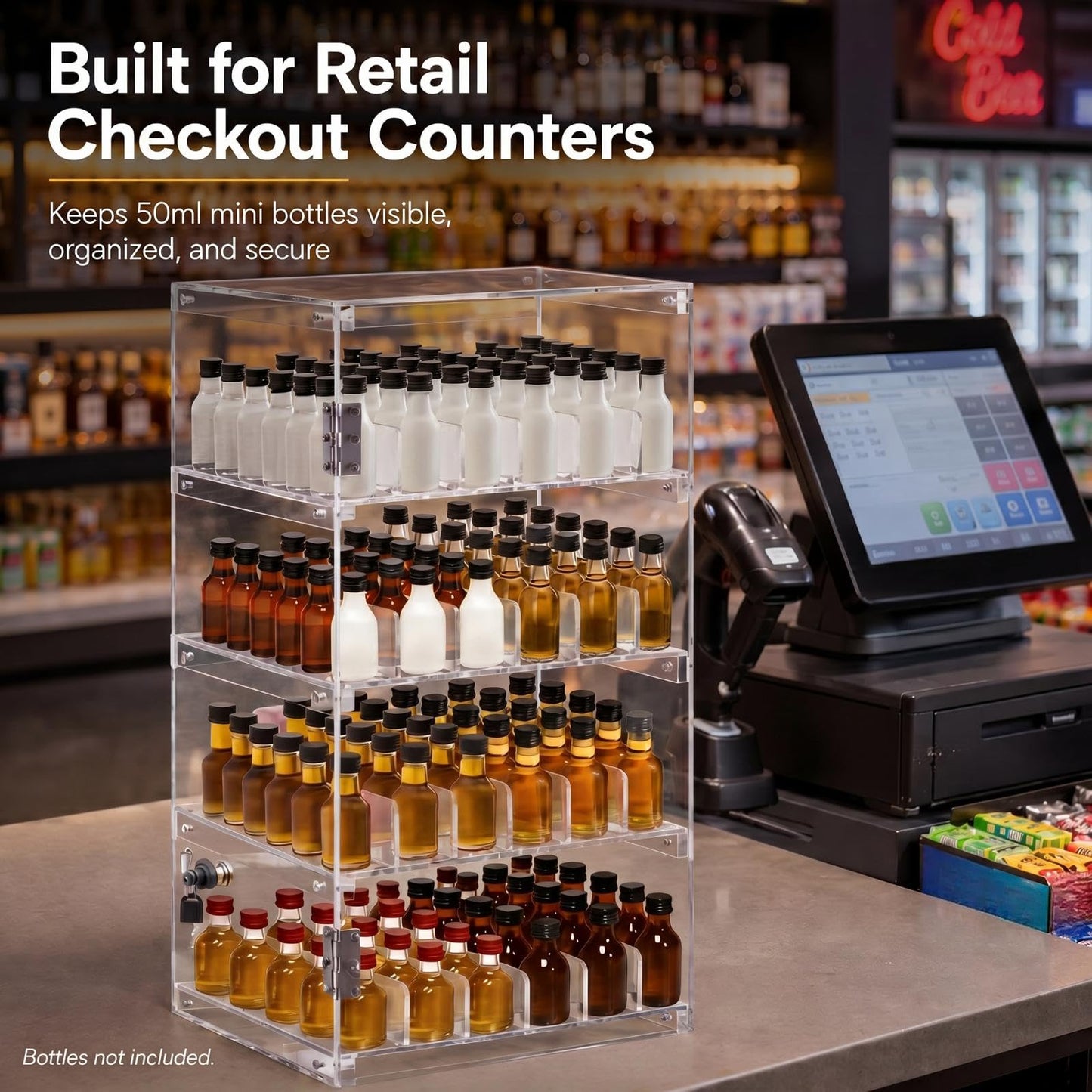 Cinnvoice Mini Liquor 50ml Bottles Retail Display Case with Lock, 12 x 12 x 24 in Clear Acrylic Countertop Rack, Adjustable Dividers Holders, Holds 192 Nips