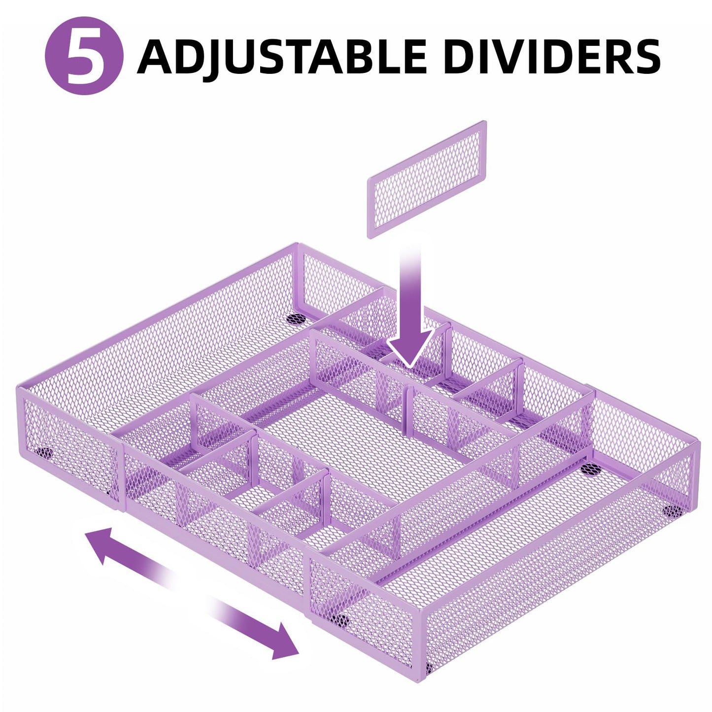 Marbrasse Expandable Desk Drawer Organizer, Mesh Drawer Organizer Tray with 10 Adjustable Compartments, Desk Organizers and Accessories for Office Supplies, Makeup & Vanity (Expandable-Purple)