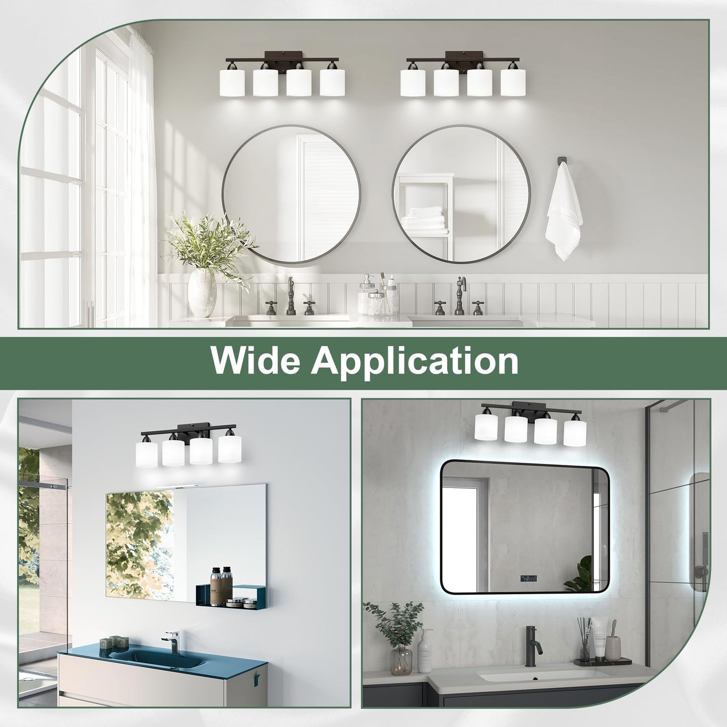 Dekang Black Bathroom Lighting Fixtures Over Mirror, 4-Light Anti-Rust Vanity Light for Bathroom, 24Inches Modern Wall Sconce, Standard E26 Base, Milky White Glass Shades, Bulbs Not Included