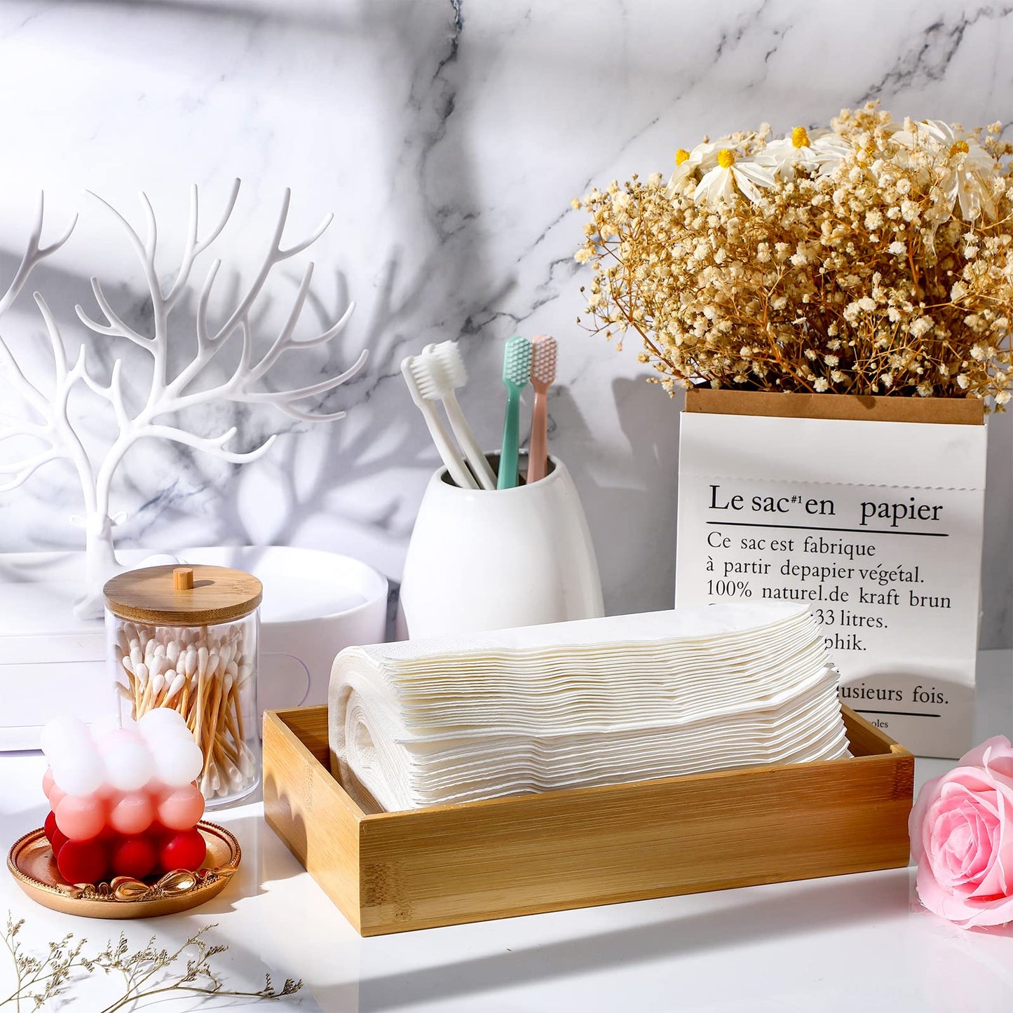 Chengu 2 Pcs Bamboo Bathroom Trays Small Vanity Tray for Toilet Tank and Bathroom Counter Top, Wood Napkin Holder Tray Organizer for Soap Dispenser Perfume Home Kitchen Decor, 9.8 x 5.5 Inch