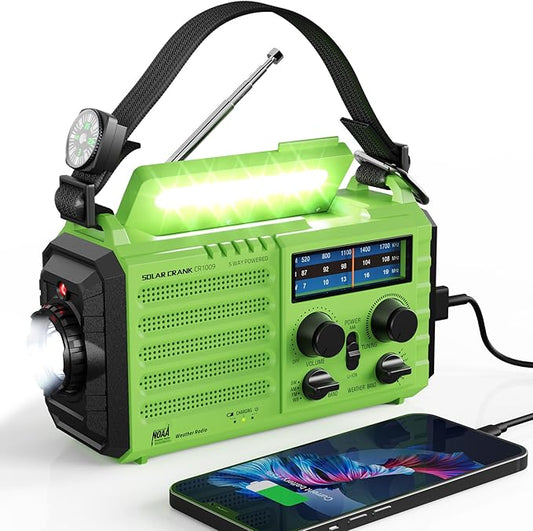 Raynic Weather Radio, 5000mAh/18500mWh Solar Hand Crank Emergency Radio, Battery Powered AM/FM/SW/NOAA Weather Alert Radio with Flashlight, Cell Phone Charger and SOS Siren for Power Outages (Green)