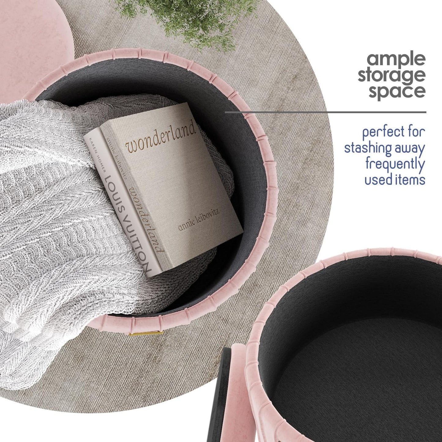 STORAGEBUD Round Ottoman with Storage, Pleated Velvet Storage Ottoman, Foot Stool Ottomans, Makeup Vanity Stool, Small Ottomans Foot Rest, Modern Vanity Stools for Living Room and Bedroom, Pink