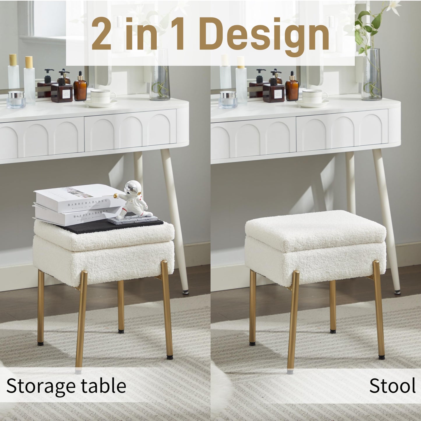 Vanity Stool Chair, Small Ottoman Stool with Storage, Makeup Vanity Chair with Anti-Slip Feet, Footstool Ottoman with Metal Legs, Storage Chairs for Makeup Room, Bedroom, Living Room (White+Gold)