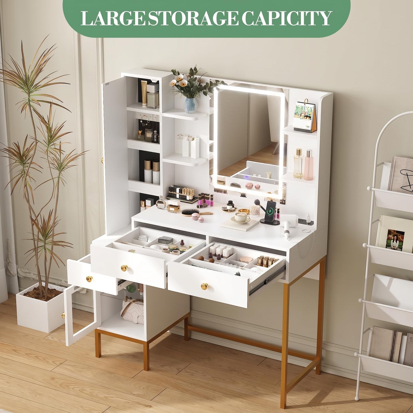 Garvee Vanity Desk with Mirror and Lights, Makeup Vanity with Jewelry Storage Cabinet & Charging Station, LED Lighted Makeup Table with Divided Drawers for Bedroom, White