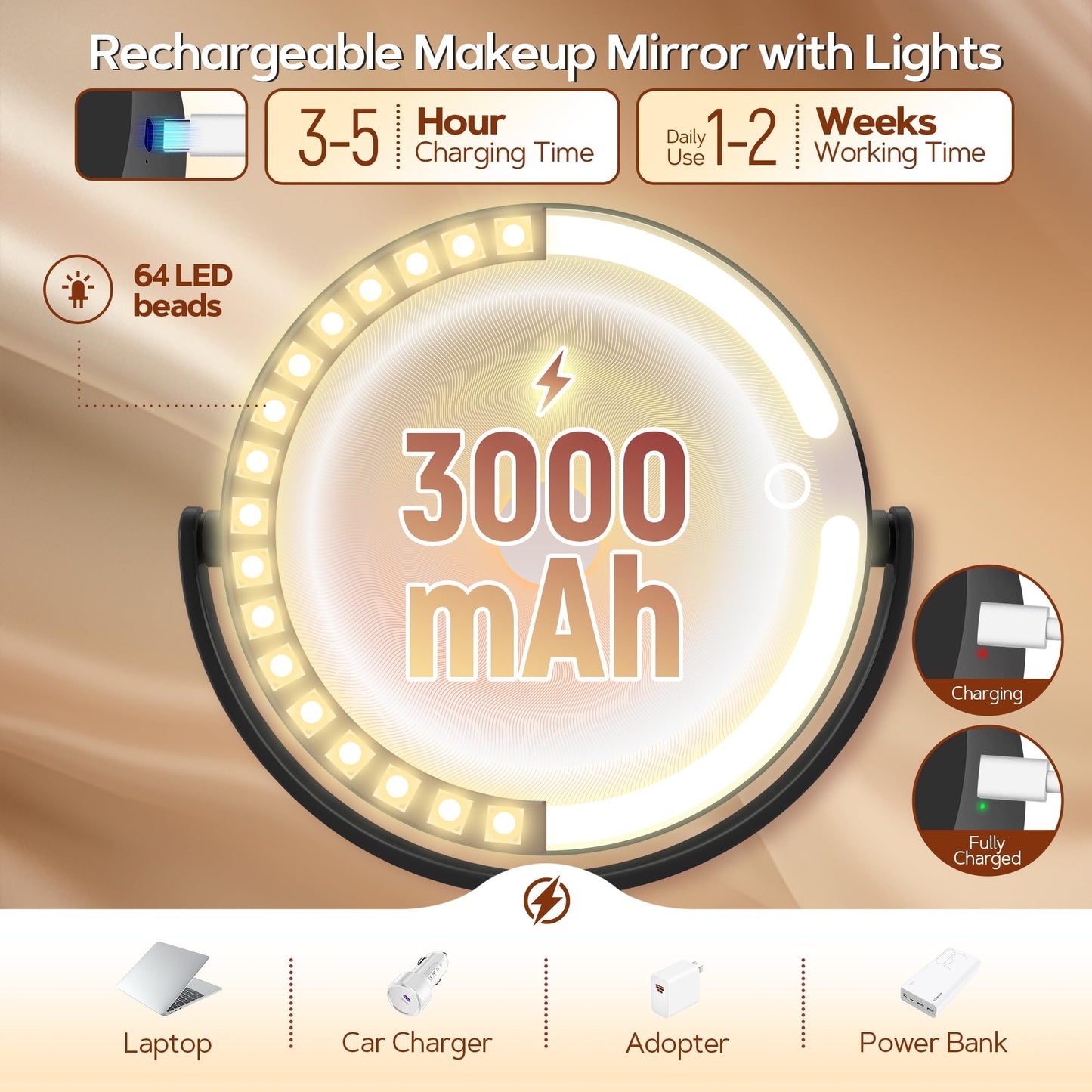 B Beauty Planet Makeup Mirror with Lights, Lighted Magnifying Mirror 30X with 3 Lighting and Adjustable Brightness, 2-Sided Height Adjustable Vanity Mirror for Bathroom, Gifts for Women Black