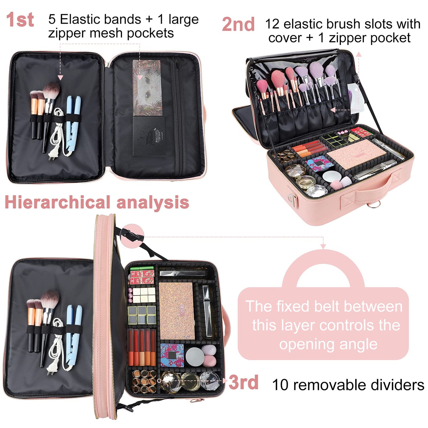 JOURMON Travel Makeup Train Case,Large Capacity Cosmetic Bags for Women,Portable Makeup Bag Organizer with Adjustable Dividers & Shoulder Strap(Pink, L)