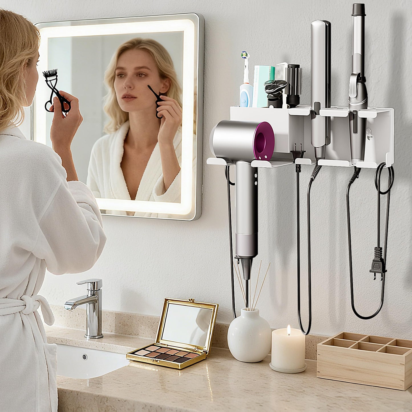 BOIVSHI Hair Dryer Holder, Hair Tool Organizer Wall Mount, Metal Blow Dryer Holder, Curling Iron Holder, Curling Iron, Hair Dryer Wall Mount, Bathroom Accessories Tools Organizer, White