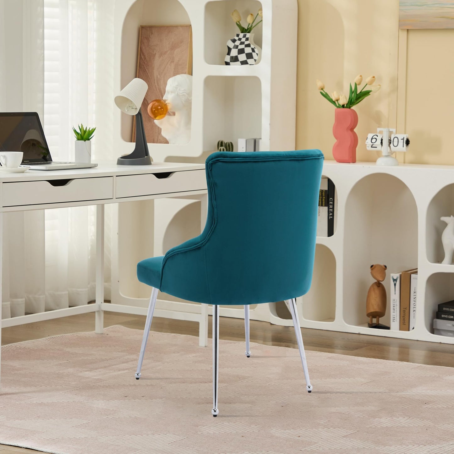 UDAX Velvet Vanity Chairs with Back, Upholstered Makeup Chair No Wheels with Metal Legs & Lumbar Pillow for Living Room/Makeup Room/Bedroom/Home Office/Kitchen