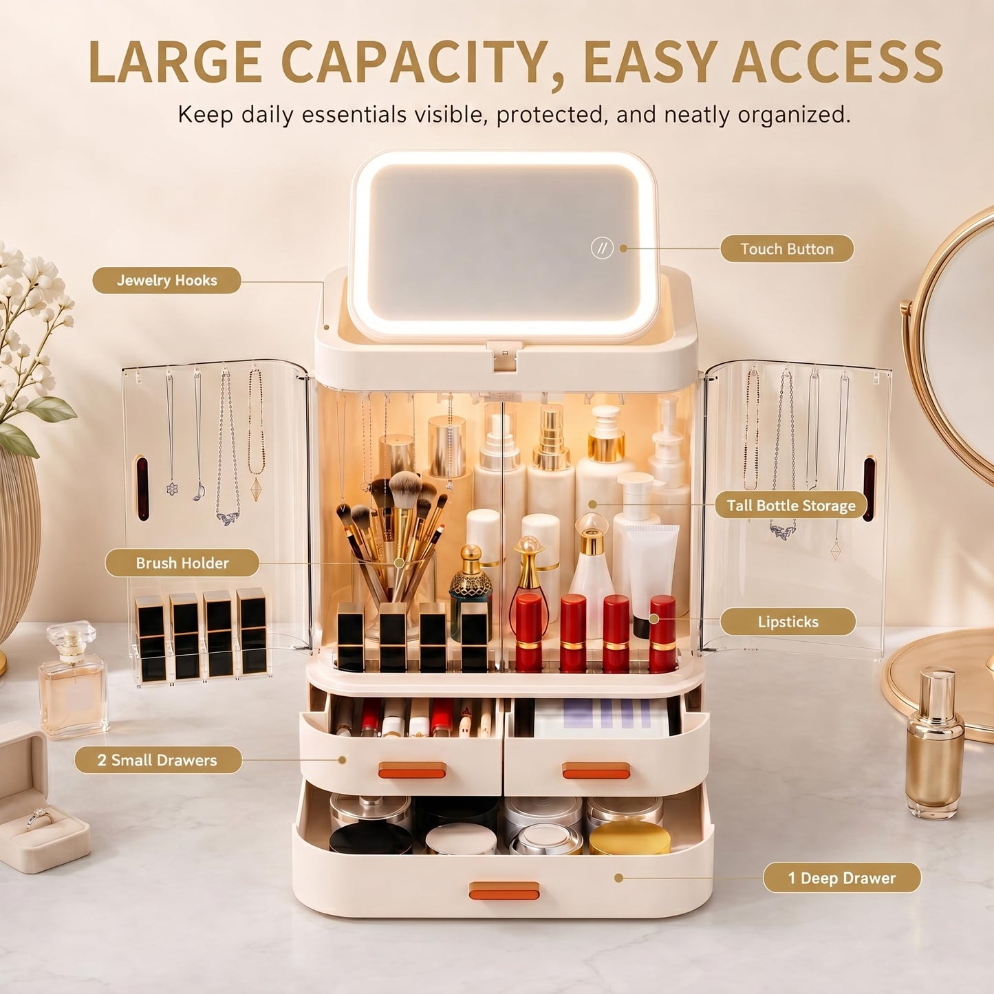 Mwykzrt Makeup Organizer with LED Mirror, Cosmetic Display Cases, Off White