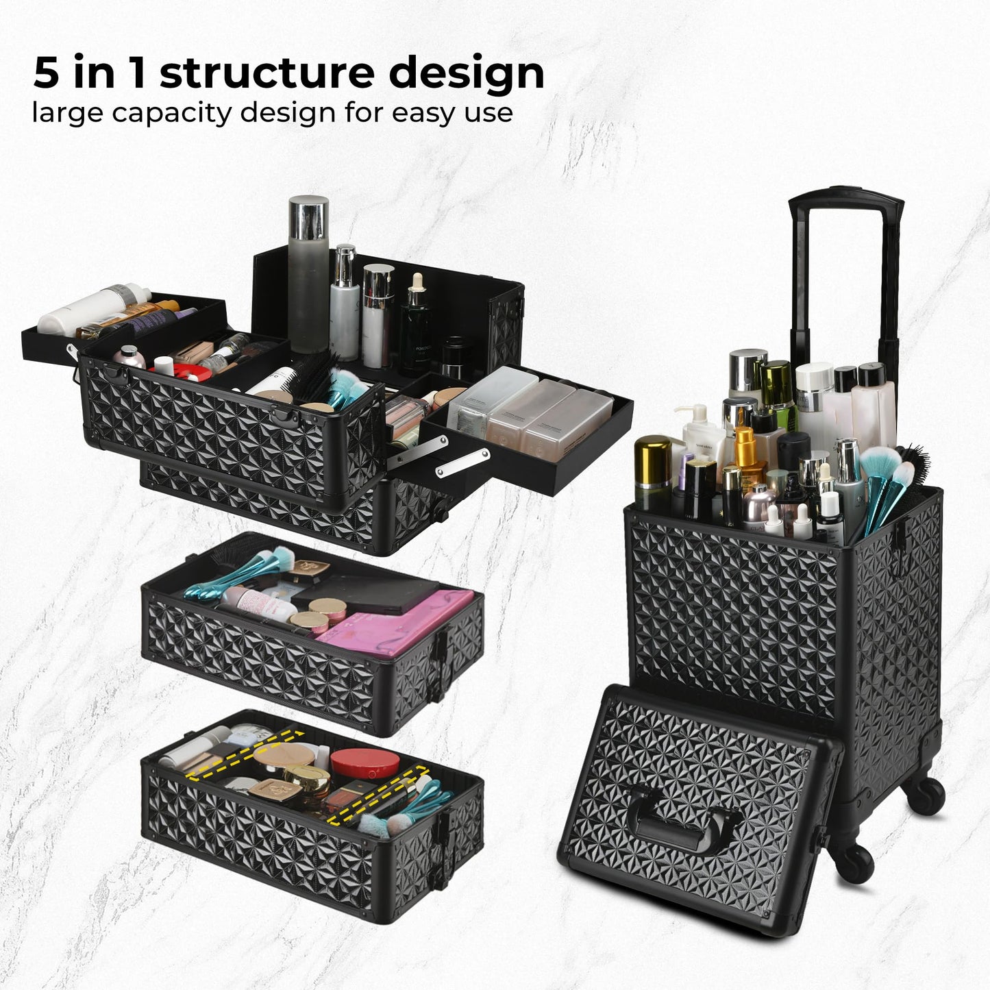 GALHUBIS Rolling Makeup Case, Makeup Train Case with Lid, 5 in 1 Cosmetology Case on Wheels, Christmas Gift, Large Makeup Case Organizers, Profesional Cosmetic Case for Salon Barber,Black