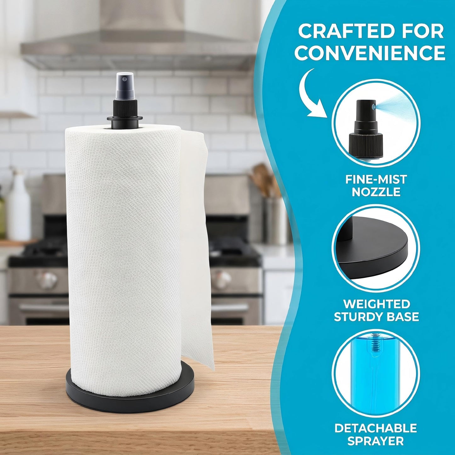 Phtynex 2 in 1 Paper Towel Holder with Spray Bottle,Countertop Paper Towel Holder with Weighted Base,Rust-Resistant Metal Base Standing Paper for Kitchen and Bathroom (Black)