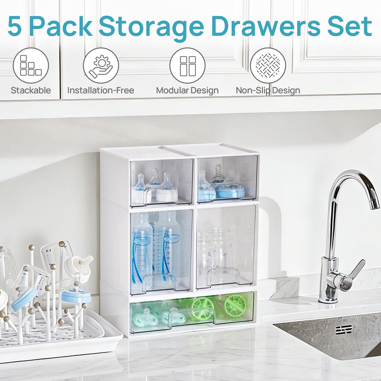 Vtopmart Stackable Storage Drawers Set of 5, Plastic Organizer Bins for Baby Bottle, Beauty Supplies Storage, Ideal for Kichen Countertop, Vanity, Bathroom, Cabinet, Pantry Organization,White