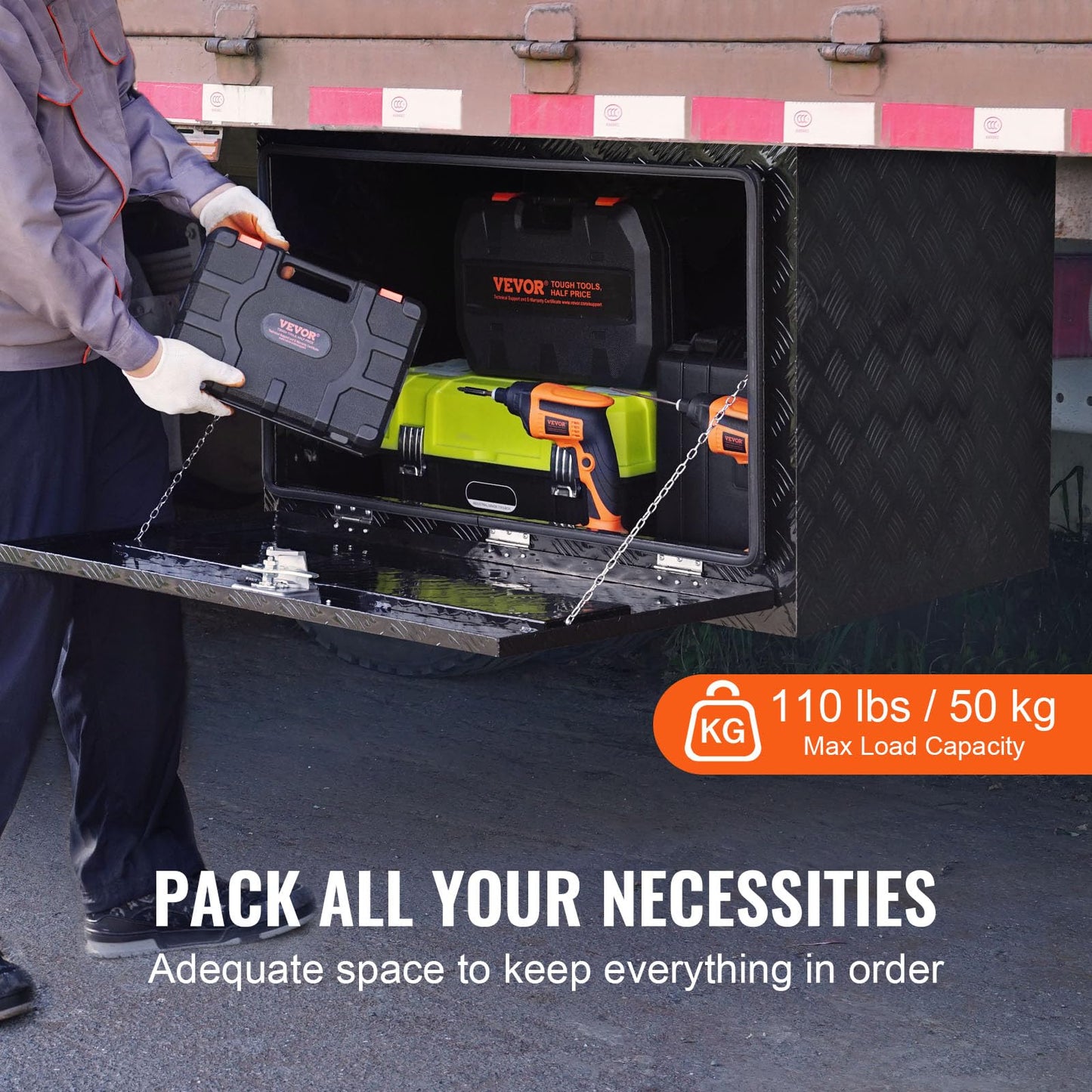 VEVOR Underbody Truck Box, 48" x 24" x 24" Pickup Storage Box, Heavy Duty Aluminum Diamond Plate Tool Box with Lock and Keys, Waterproof Trailer Storage Box with T-Handle Latch for Truck, Van, Trailer