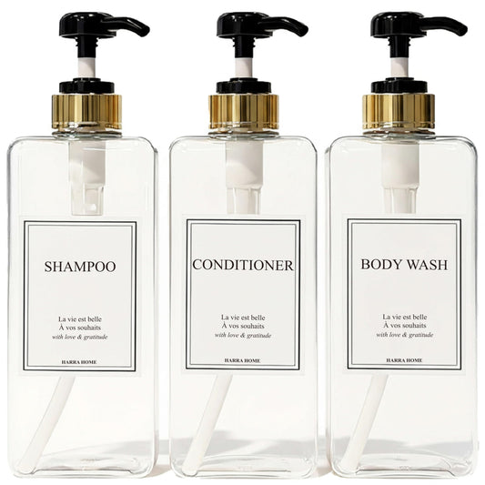Modern Gold Design Shampoo and Conditioner Dispenser, Large 27oz Shower Soap Dispenser, Set of 3 Refillable Empty Plastic Pump Bottles for Bathroom (6 Waterproof Labels Included), (Clear & Black)