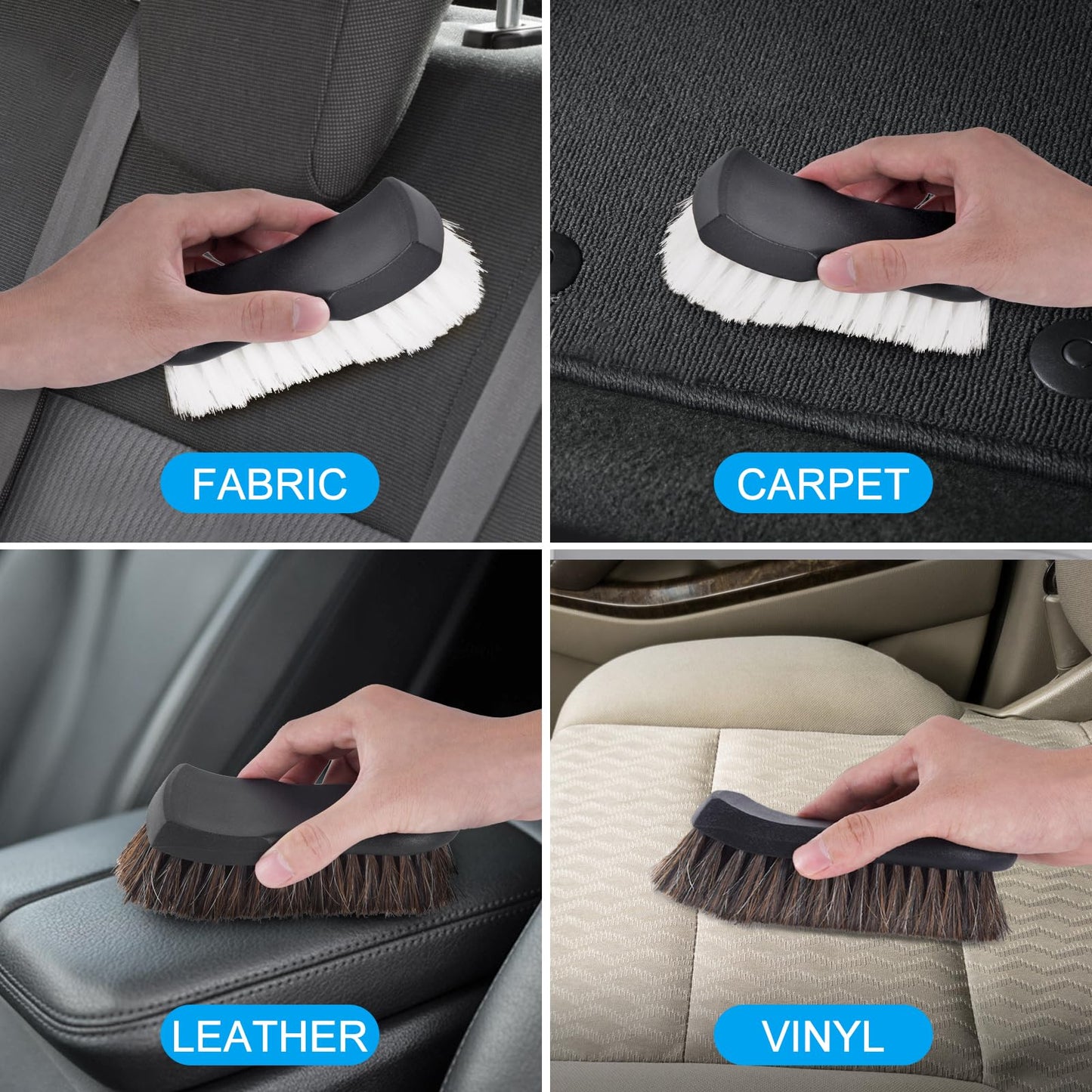 Wiojtry Upholstery Brush, Upholstery Brush Set, Leather Cleaning Brush, Carpet Brush Car Cleaning Brush, Long Bristle Horse Hair Car Cleaning Brush for Car Interior Leather Seat and Home Furniture