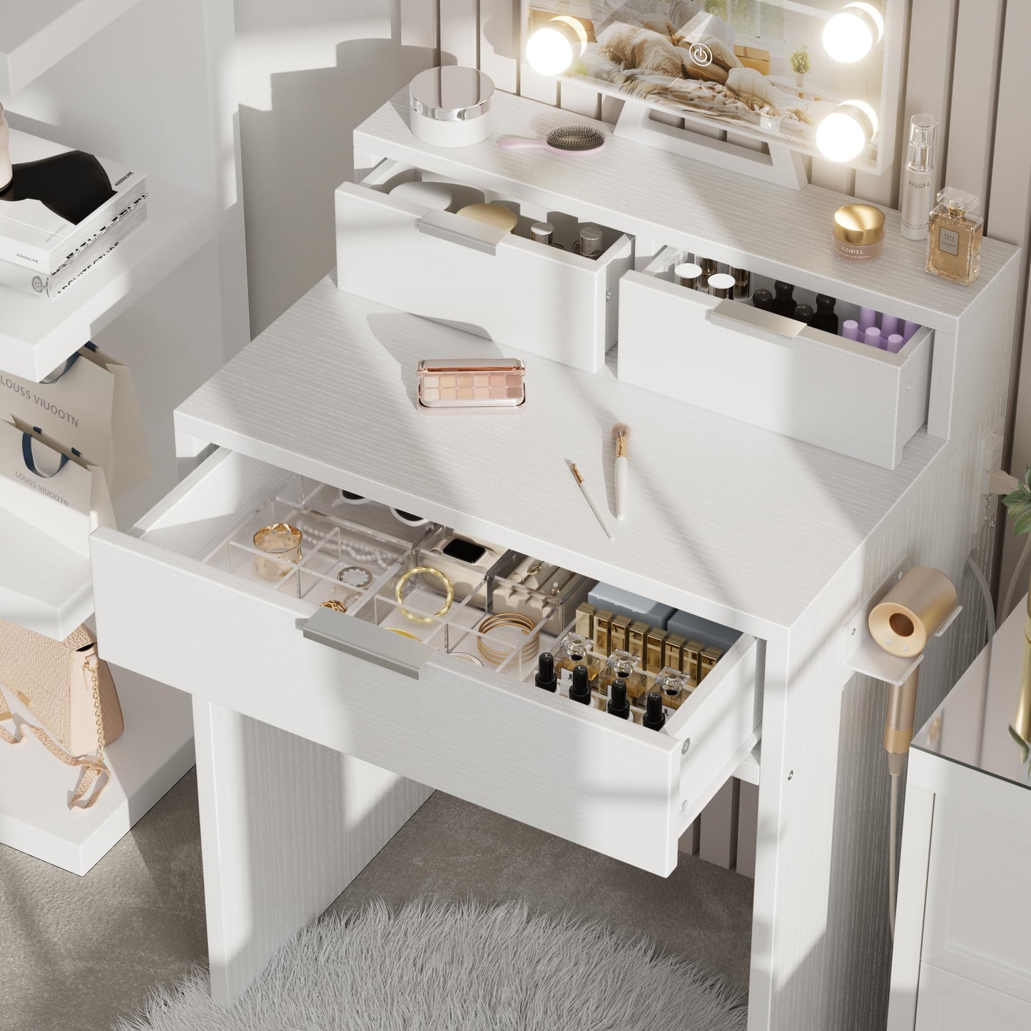 BOLUO White Makeup Vanity Desk with Hollywood Mirror and Lights, Girls Compact Make Up Table with Drawers and Outlet for Bedroom Small Space