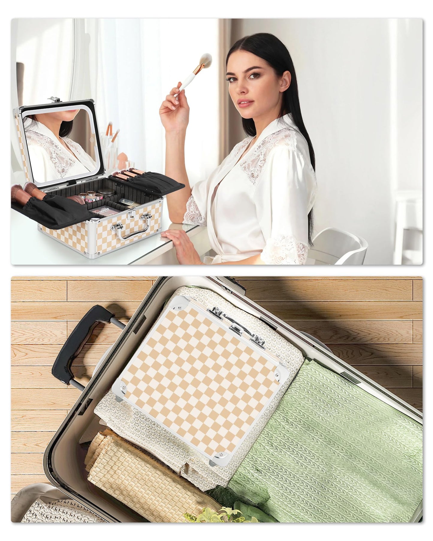 Relavel Makeup Bag with LED Mirror, Makeup Box Travel Train Case with Lighted Mirror & Adjustable Dividers, Cosmetic Brush Organizer Storage for Makeup Artists Gifts for Women and Girls (Plaid, Small)