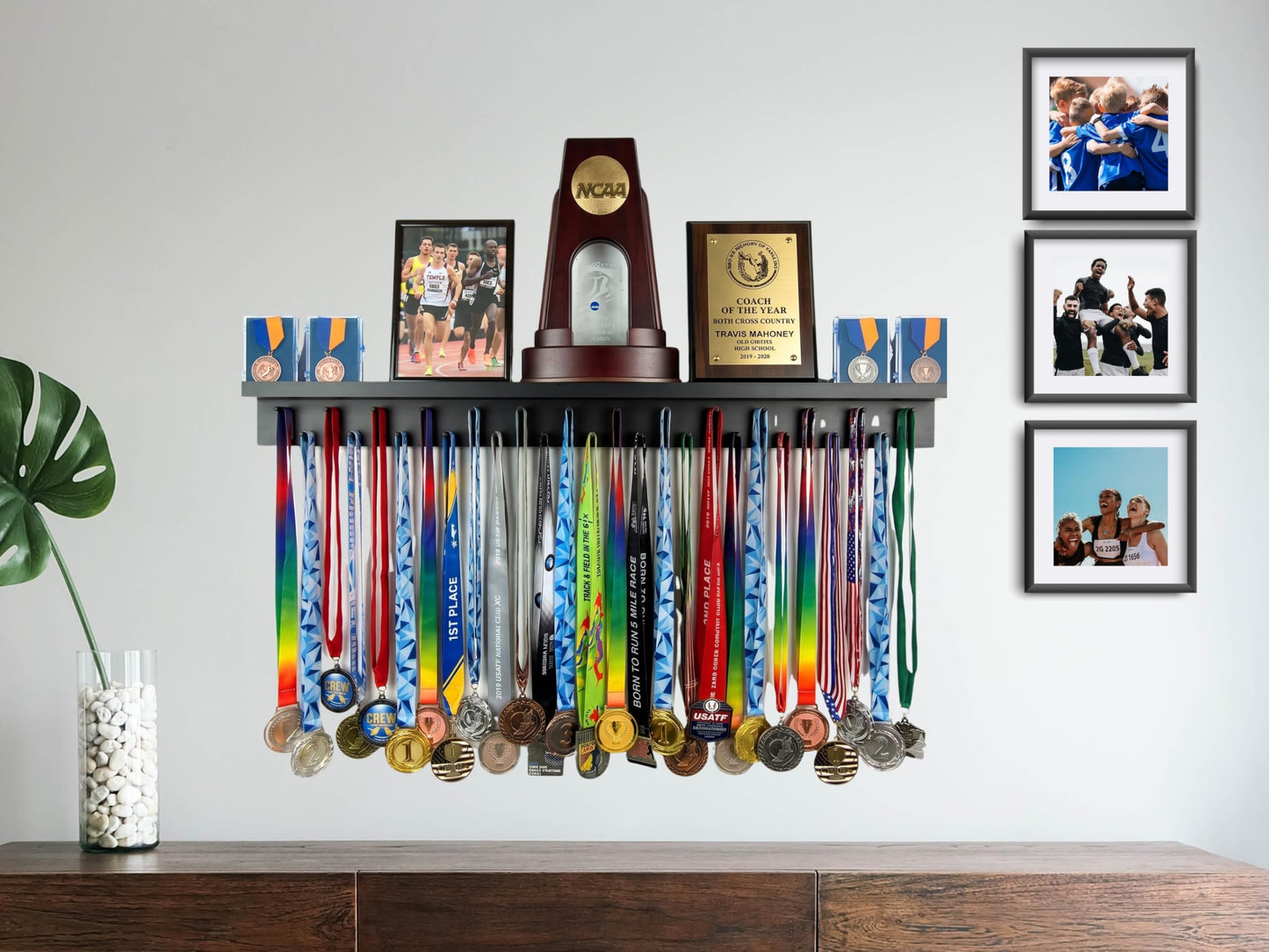 MedalAwardsRack 3ft- Ultimate Medal Hanger Display and Trophy Shelf - Multi-Sport Trophy and Medal Holder for Medal Display, Plaques, Pictures, Trophies and more. Solid Wood - Large 36" - Black