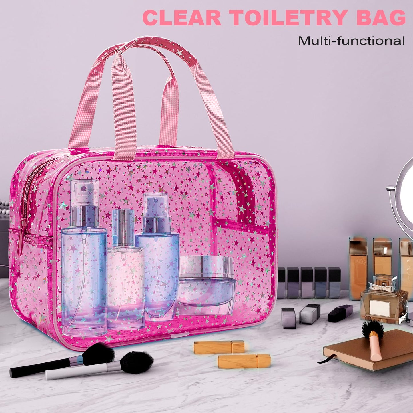 Junesters Clear Red Star Large Makeup Bag with Star Pattern 12x5x8 inch, Travel Cosmetic Bag with Handle, Durable PVC Material Washbag Zipper Opening Design for Makeup Travel Organizer or Gym Use