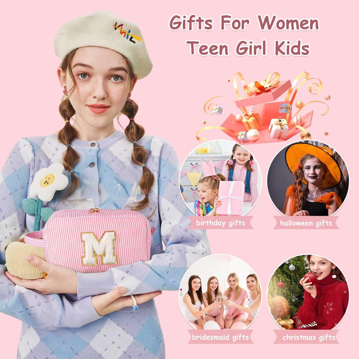 YOOLIFE Birthday Gifts for 6 7 8 9 10 11 12 13 14 15 Year Old Teen Girl - Initial Makeup Bag Letter Toiletry Pouch Cosmetic Case, Personalized Teen Girl Gifts Trendy Stuff Party Favor, Pink L