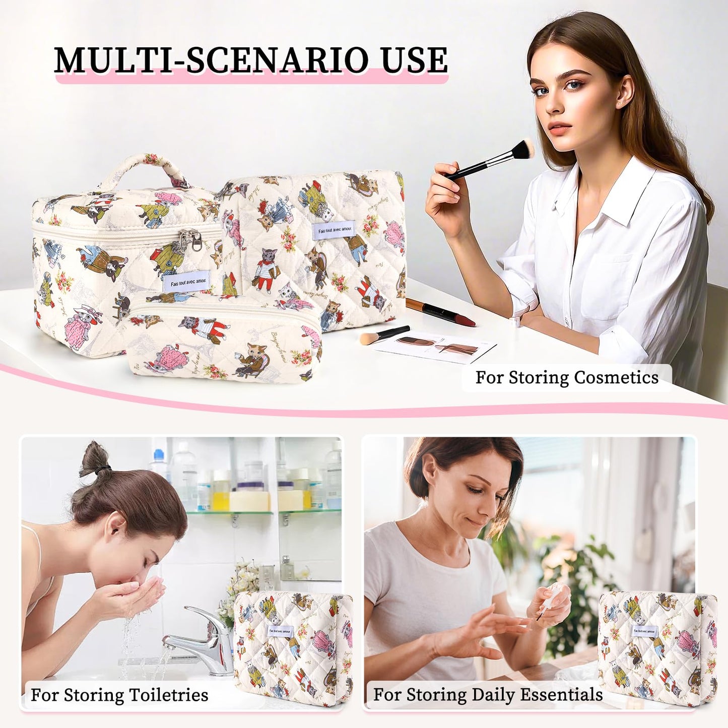 YINGJEE Large Quilted Makeup Bag for Women and Girls, Cute Coquette Floral Cotton Cosmetic Bag, Aesthetic Travel Organized Toiletry Bags (08-colorful cats)