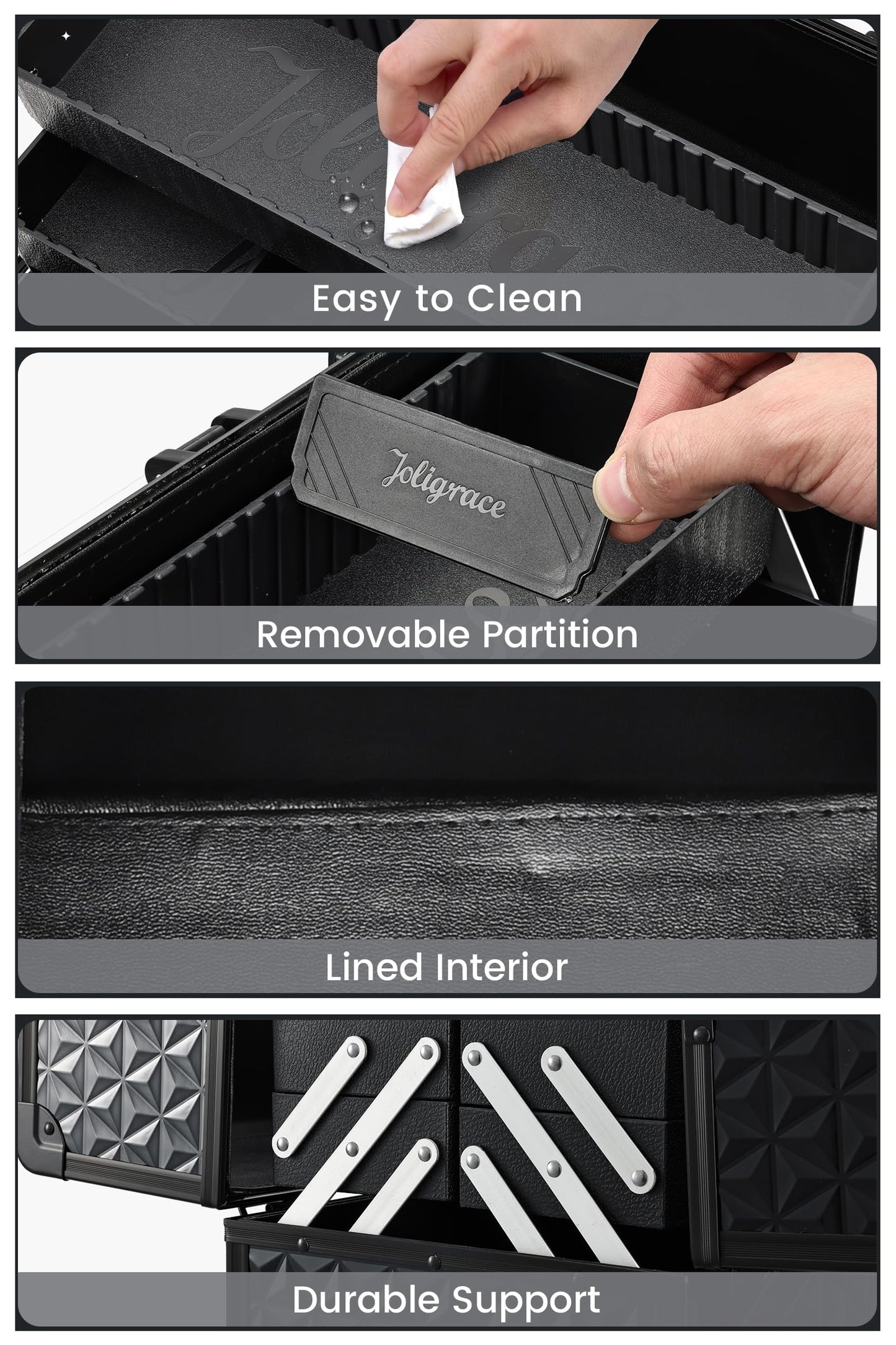 Joligrace Makeup Train Case Professional Cosmetic Organizer Aluminum Storage Box with 4 Adjustable Dividers Trays Lockable Portable with Shoulder Strap - Black