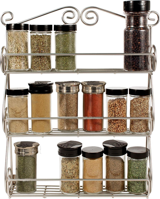 FitWell Scroll Wall Mount Spice Rack, 3-Tier, Traditional Spice Rack Cabinet & Kitchen, Beauty & Nail Polish Organizer for Bathroom, Scroll Wall-Mounted (Satin Nickel)