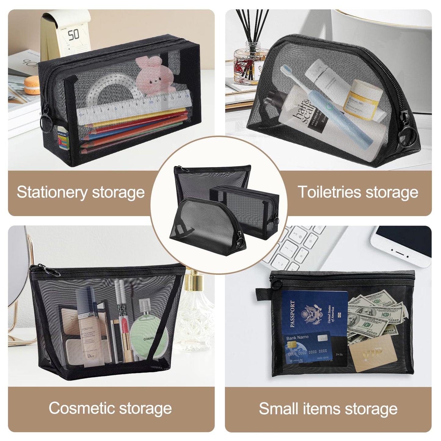 8 Pieces Mesh Makeup Bag Set,Cosmetic Bags Make up pouch,Portable Clear Travel Toiletry Makeup Kit Bag Organizer Mesh Zipper Pouch Purse Beauty Storage Bags for Home Office Travel Accessories(Black)