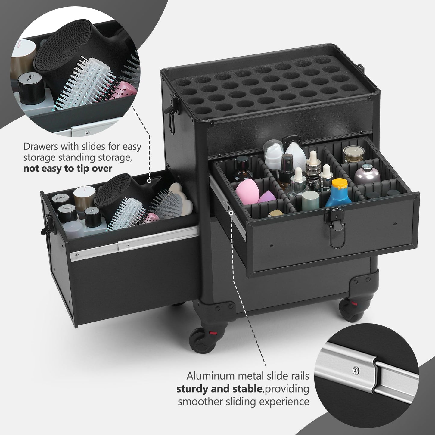 Somduy 4 in 1 Rolling Makeup Case on Wheels with Drawer and Professional Cosmetic Organizers for Salon Barber - Bright Black