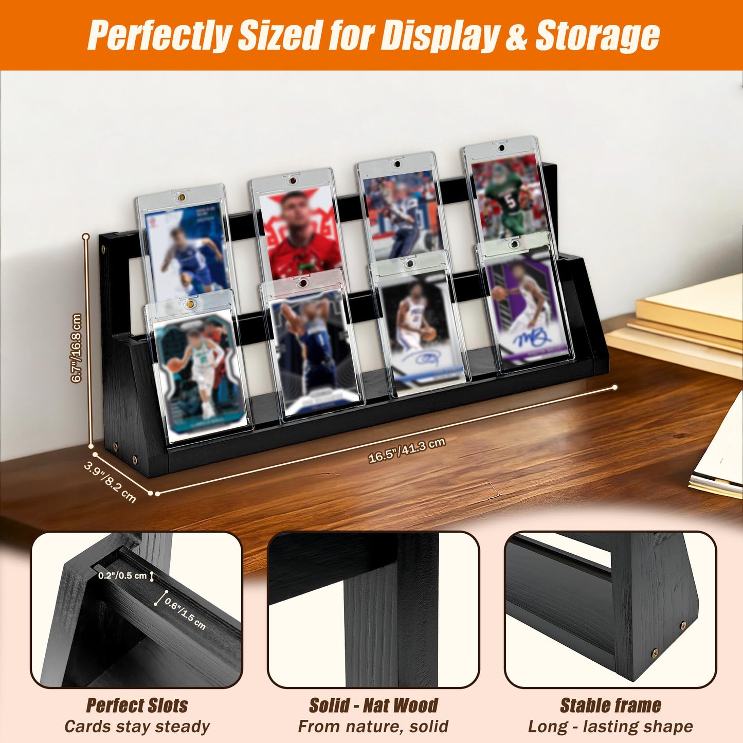 SHASHIDI 2-Tier Wooden Trading Card Display Stand - Black Display Case for Graded Sports Cards, Baseball & Basketball Card Collection Showcase(WD4017)