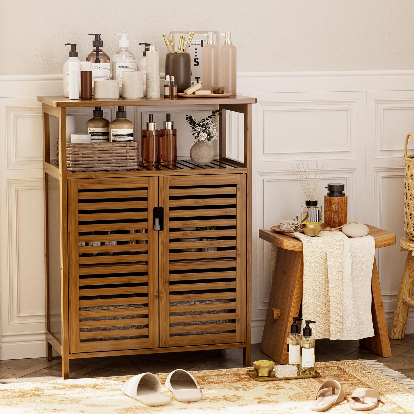 HITNET Bathroom Storage Cabinet, Bamboo Floor Cabinet with Double Doors and Open Shelf, Freestanding Cupboard for Living Room, Kitchen, Entryway, Walnut