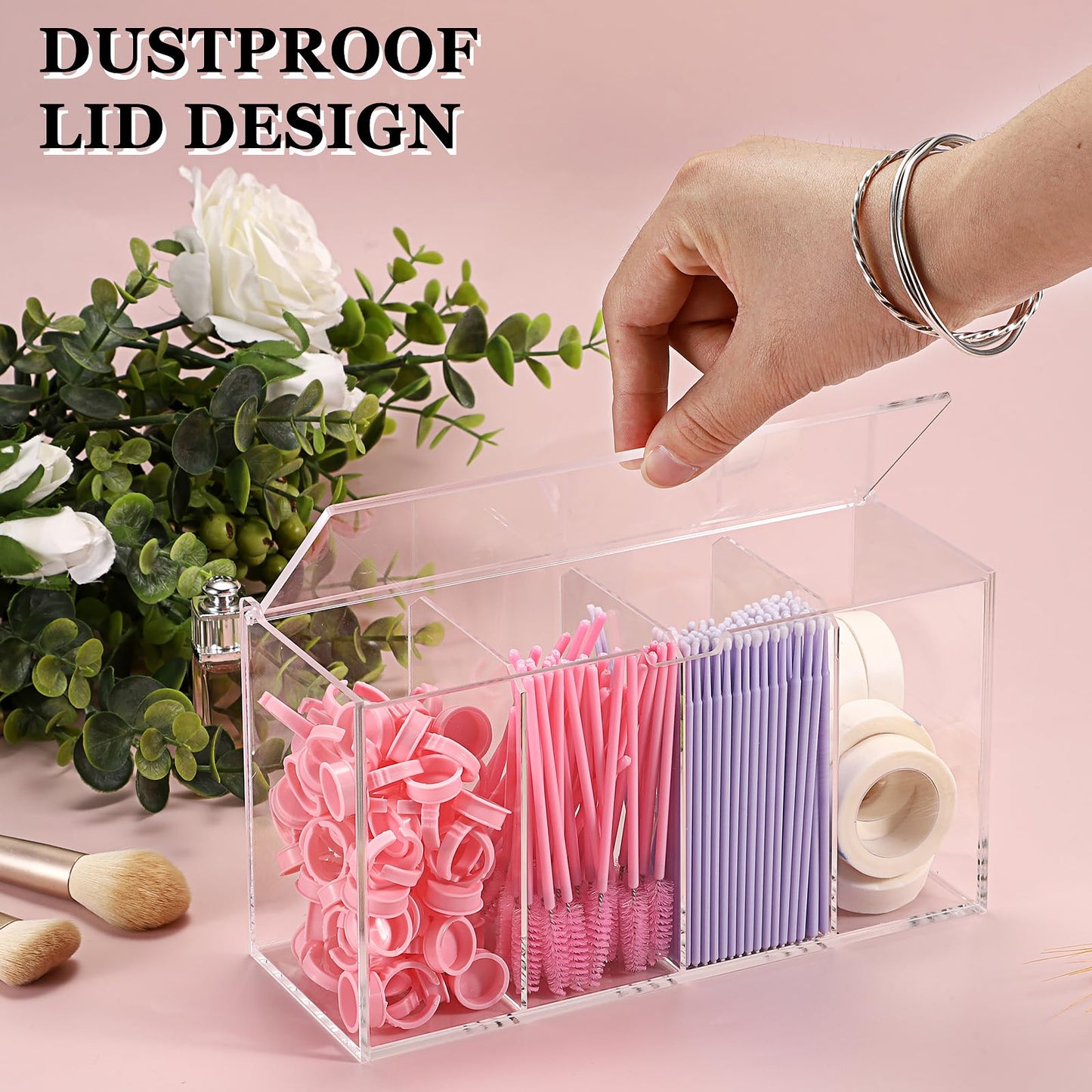 ELLDOO Lash Extension Organizer Box with Lid, Acrylic Eyelash Supplies Organizer Storage Box, 4 Compartments Bathroom Supplies Storage Container for Cotton Swabs, Balls, Pads, Floss Picks