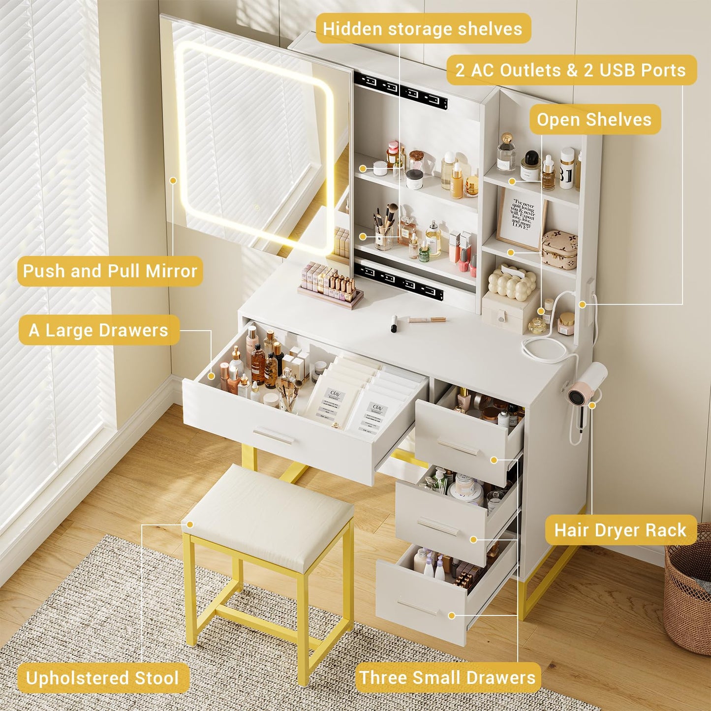 GarveeHome 57-Inch Makeup Vanity Set with Lighted LED Mirror & Charging Station – 3 Lighting Modes, 4 Drawers & Shelves, Includes Cushioned Stool, White