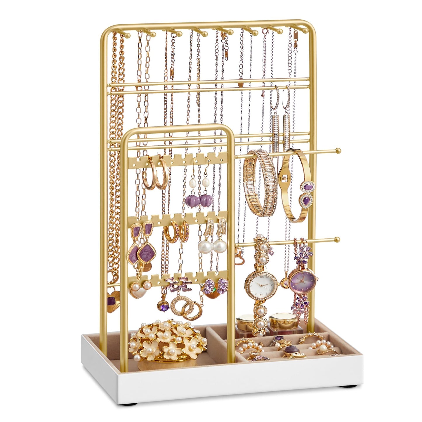 SONGMICS Necklace Holder, Jewelry Stand Holder Organizer, Jewelry Display with Metal Frame, Velvet Tray, Earring Bracelet Holder, for Gift Idea, 4.5 x 7.7 x 12.1 inch, Pale Gold UJJS021A01