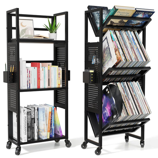 Rolling Book Cart with Wheels, 3-Tier Portable Bookshelf, Vinyl Record Storage Cart for Albums & Record Player Stand, Storage Organizer with Side Hooks & Bins for Classroom, Office, Books & Magazines