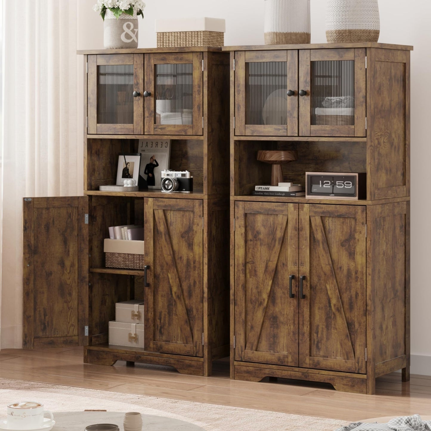 IDEALHOUSE 50" Tall Bathroom Cabinet, Freestanding Bathroom Storage Cabinet with 4 Doors and Adjustable Shelves, Cupboard Modern Storage Cabinet for Kitchen, Pantry, Living Room, Rustic Brown