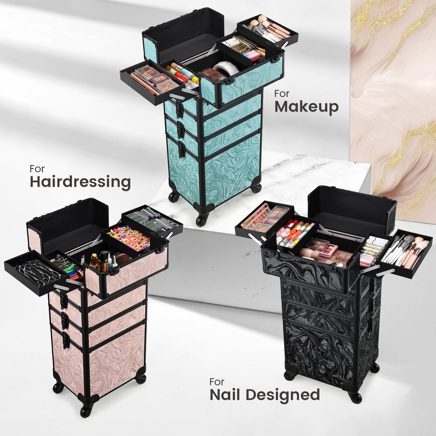 Stagiant Rolling Makeup Case 4 in 1 Cosmetology Case on Wheels Makeup Travel Case with Cosmetic Bag Key Swivel Wheels Salon Barber Case Traveling Cart Trunk Cosmetic Trolley Alpine Pink