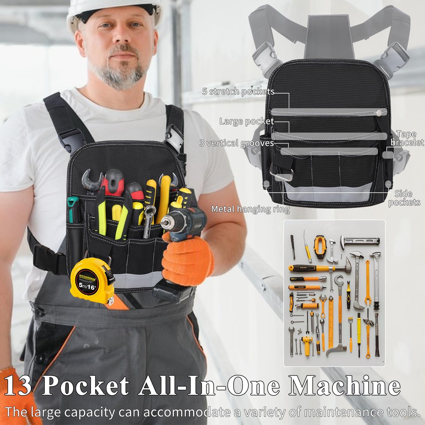 LOTCAIN Electrician Tool Pouch Heavy Duty 13 Pockets Tool Pouch Portable Bag for Men Adjustable Tool Chest Bag Organizer for Technician Maintenance Electrician Carpenter Woodworker Roofing