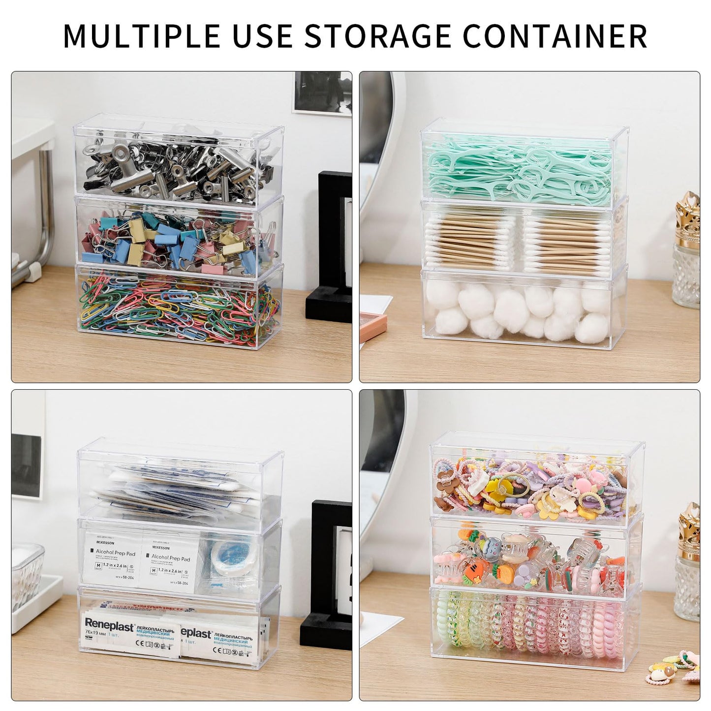 GOXITAX 3 Pack Qtip Organizer Container with Lid, Plastic Bathroom Vanity Storage Canister for Cotton Swabs and Balls, Makeup Sponges, Hair Clips, Clear Counter and Desk Drawer Holder