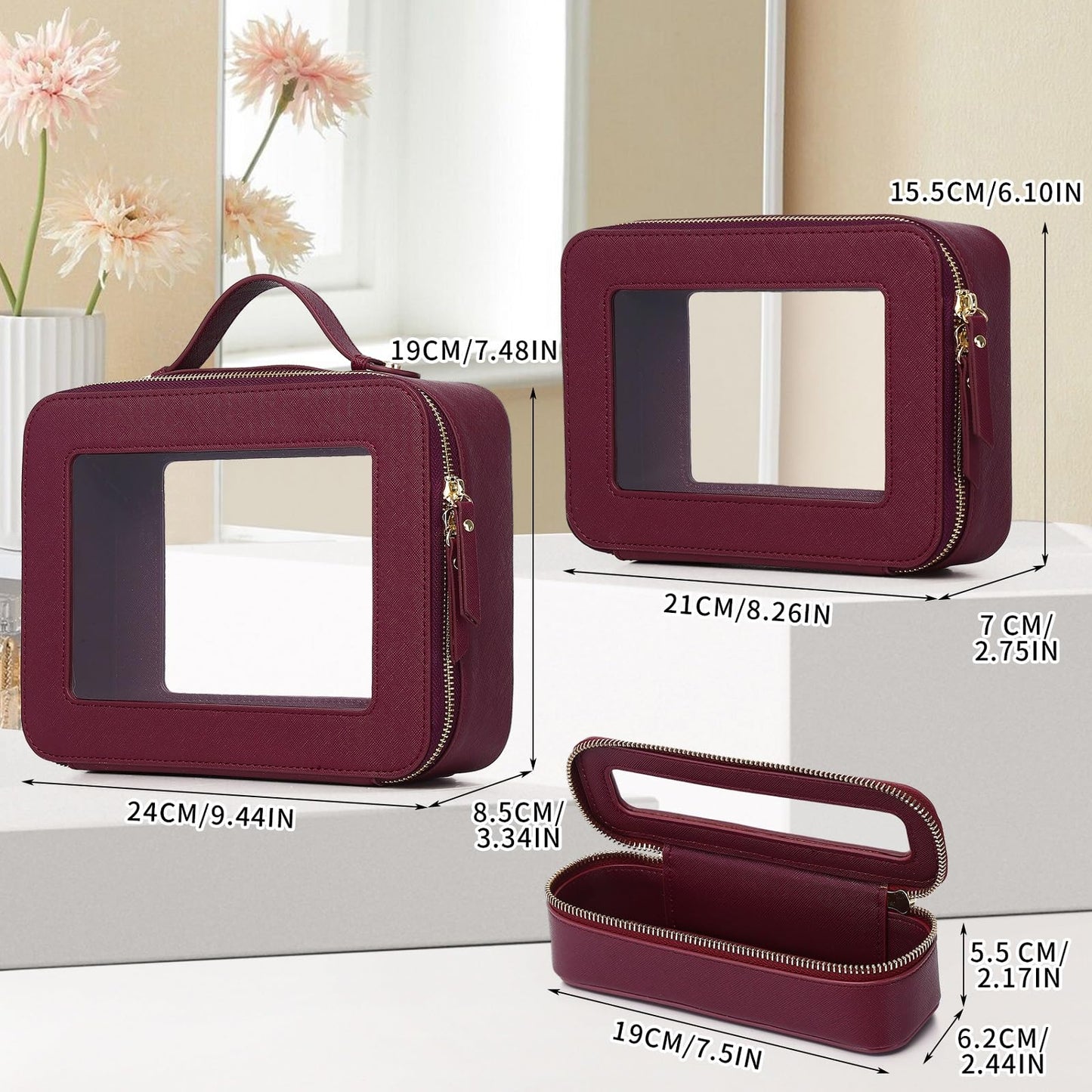 LOFOWN Travel Makeup Set Waterproof Transparent Cosmetic Bag and Toiletry Bag Makeup Brush case with Zipper Car Essentials for Women (Burgundy, L+M+SLIM)