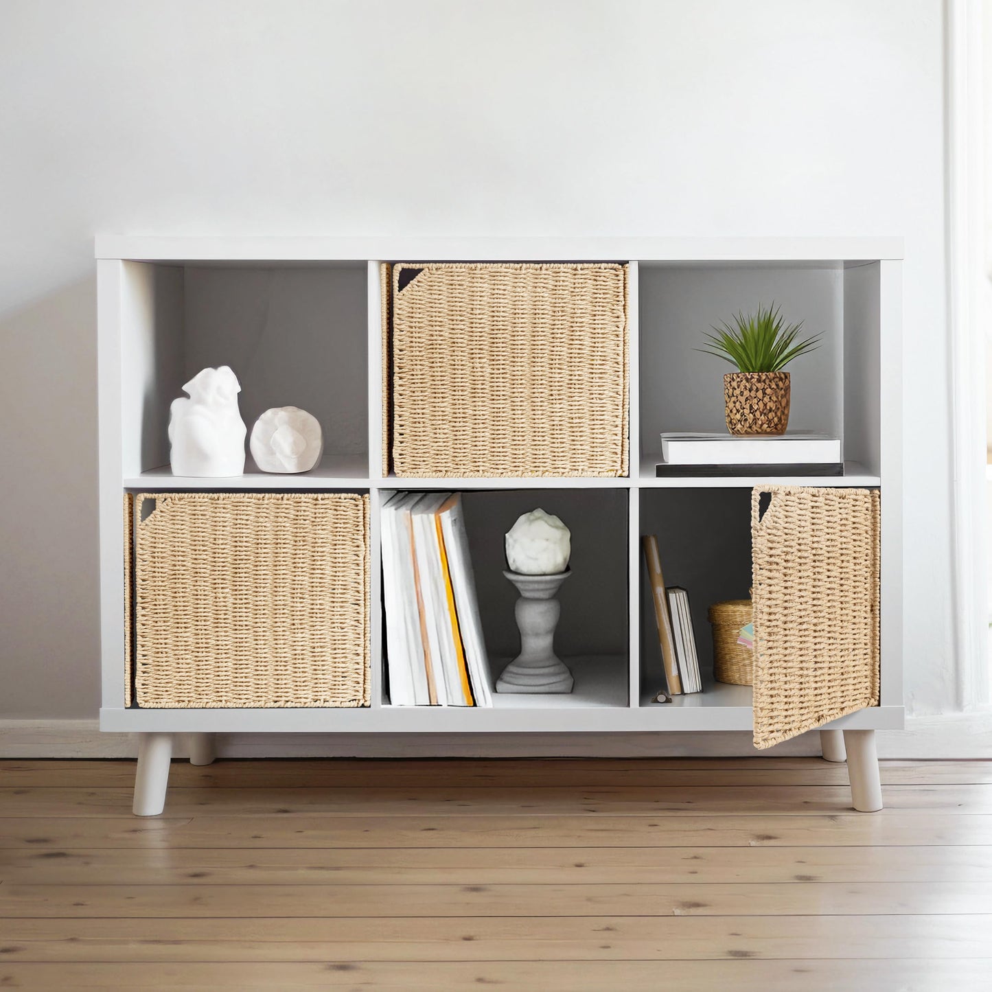 AELS 11" Handwoven Natural Fibre Doors for Cube Storage Shelf, Set of 3, Boho Straw Shelf Cover for Small Bookcase & Open Bookshelf, Rustic Farmhouse Home Decor, Beige (Door ONLY)