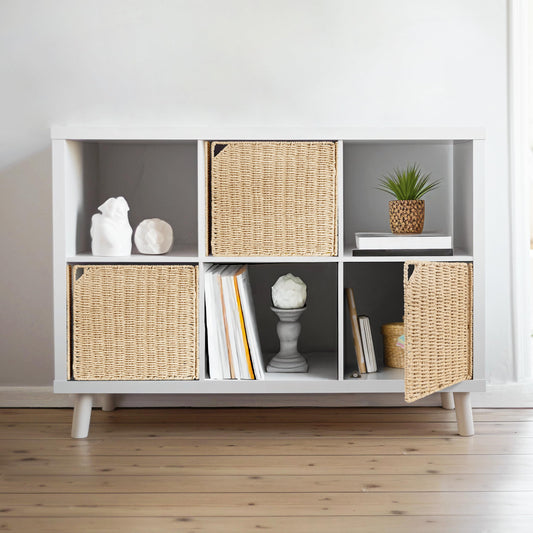 AELS 11" Handwoven Natural Fibre Doors for Cube Storage Shelf, Set of 3, Boho Straw Shelf Cover for Small Bookcase & Open Bookshelf, Rustic Farmhouse Home Decor, Beige (Door ONLY)