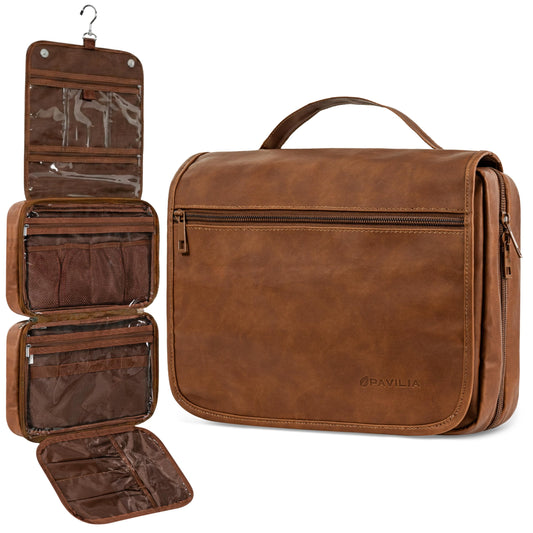 PAVILIA Hanging Toiletry Bag for Women Men, Large Travel Organizer with 5 Compartments & Swivel Hook, PU Leather Dopp Kit, Foldable Water-Resistant Makeup Cosmetic Bag for Full Size Bottles (Brown)
